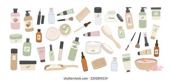 Beauty and spa vector illustration set with natural cosmetic products in bottles, tubes for makeup, skin and hair care on white background. Cream, shampoo, serum, shower gel, lotion, salt, soap