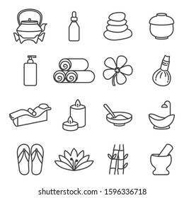 Beauty and spa vector lines icon set. Contains such Icons as towel, green tea, candle and more. Editable Stroke