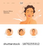 Beauty SPA and Wellness. Services. Beauty Studio Landing Page Design Template. Website Banner. Female with Healthy Skin Portrait Touching Her Face. Beauty Face Badges with Kinds of Services.