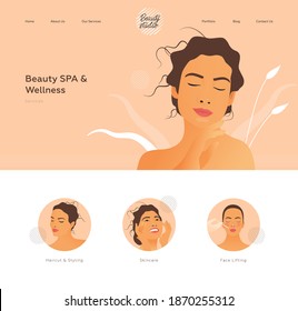 Beauty SPA and Wellness. Services. Beauty Studio Landing Page Design Template. Website Banner. Female with Healthy Skin Portrait Touching Her Face. Beauty Face Badges with Kinds of Services.