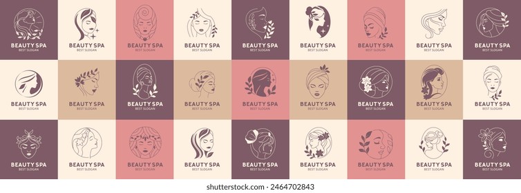 Beauty spa woman logo set. Salon, hair stylist, haidresser, haircut.