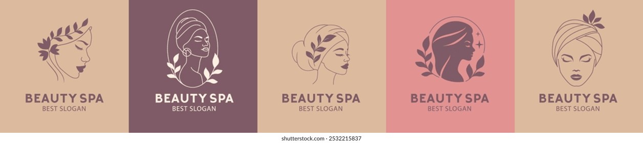 Beauty spa woman logo set. Salon, hair stylist, haidresser, haircut.