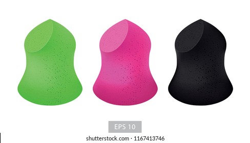 Beauty sponge for blending makeup. Colored vector set. Realistic 3d illustrations.