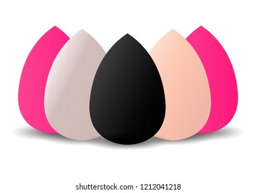 Beauty Sponge Makeup Blender different color set for Powder, Concealer and Foundation Applicator. Make Up Sponge in black, white, pink colors for Cosmetic Blending.  Vector illustration mockup.