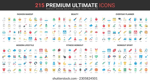 Beauty, sport exercises for healthy modern lifestyle color flat icons set vector illustration. Abstract symbols of planner for food diet, sport and leisure simple design for mobile and web apps