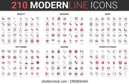 Beauty, sport fitness for body health, baby care thin red black line icon vector illustration set. Outline symbols for wedding bridal party ceremony, veterinary for pet animal friend, sewing items