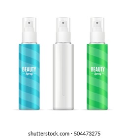 Beauty Spray Can Package Set. Realistic Cosmetic Bottle. Vector illustration