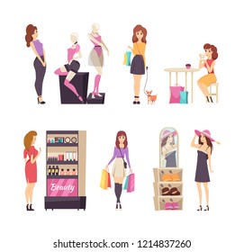 Beauty stand with cosmetics and shopping set vector. Ladies wearing hats and looking at underwear placed on mannequin. Customer with bags walking dog