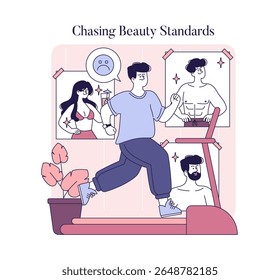 Beauty standards can create pressure and anxiety. This illustration captures the struggle of chasing ideals, showcasing emotions through exercise and societal expectations. Vector illustration.