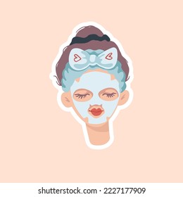 Beauty sticker with girl in beauty mask cartoon illustration. Girl doing night or morning makeup routine. Glamour, stationery, fashion concept