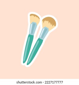 Beauty sticker with makeup brushes cartoon illustration. Beauty product, brushes, cosmetic. Glamour, stationery, fashion concept