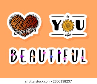 Beauty sticker set. Cute vector notebook label clip art. Beautiful word quotes.