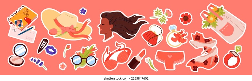 Beauty stickers for girls set vector illustration. Cartoon trendy appliques and female symbols collection with flowers, woman with long hair, hat and glasses, underwear. Fashion, accessory concept