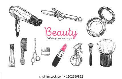 Beauty store background with make up artist and hairdressing objects: lipstick, cream, brush. Template Vector. Hand drawn isolated objects