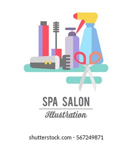Beauty store background with make up artist and hairdressing objects lipstick, cream, brush. Template Vector.