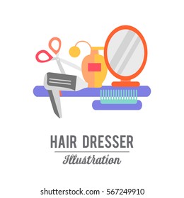Beauty store background with make up artist and hairdressing objects lipstick, cream, brush. Template Vector.
