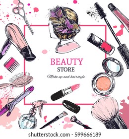 Beauty store background with make up artist and hairdressing objects: lipstick, cream, brush. Template Vector. Hand drawn isolated objects