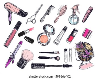 Beauty store background with make up artist and hairdressing objects: lipstick, cream, brush. Template Vector. Hand drawn isolated objects