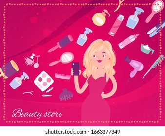 Beauty store banner with cosmetics, makeup accessories, fan, brushes and beautiful girl cartoon vector illustration. Cosmetics with brushes, powder palettes, lipstick, nail polish for beauty shop.