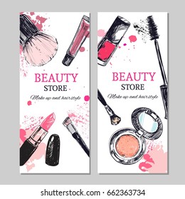 Beauty store banner with make up  objects: lipstick, cream, brush. Template Vector. Hand drawn isolated objects. Cosmetics. 