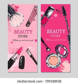 Beauty store banner with make up objects: lipstick, cream, brush. Template Vector. Hand drawn isolated objects. Cosmetics.