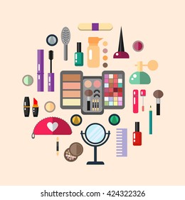 Beauty store with cosmetic objects: mascara, gloss, eyeshadow, lipstick, cream, blush, perfume. Make-up objects. Vector flat illustrations make up cosmetic.