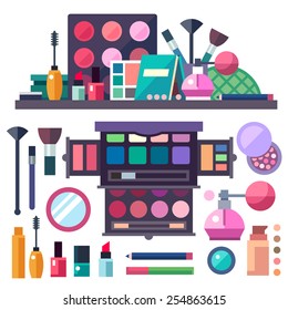 Beauty store. Cosmetics: mascara, gloss, lipstick, blush, perfume and make-up brushes. Vector flat illustrations