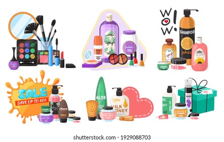 Escaparate cosmético conjunto, ilustración aislada de vector plano. Cosméticos para el cuidado del pelo, la cara y el cuerpo, productos de maquillaje y accesorios.