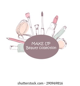 Beauty store emblem with type design and cosmetics.