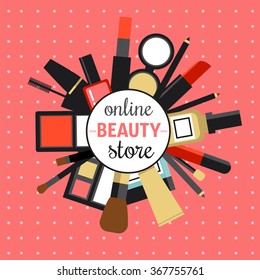 beauty store emblem with type design and cosmetics 