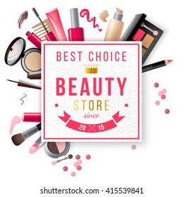 beauty store emblem with type design and cosmetics