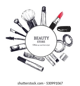 Beauty store emblem with type design and cosmetics