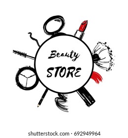 Beauty store emblem with type design and cosmetics. Hand drawn Set of Lipstick, makeup brush, eyeliner, eyeshadow, mascara. Make up collection for art, design advertising.
