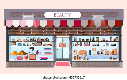 Beauty Store Modeshop-Bau präsentiert Schuhe mit modischen Kleidung Kosmetik Vektorgrafik-Illustration