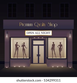 Beauty store front view template with door windows mannequin silhouettes at night vector illustration