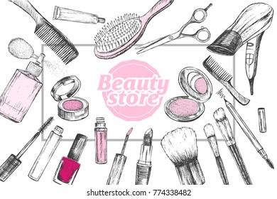 Beauty store with make up artist and hairdressing objects