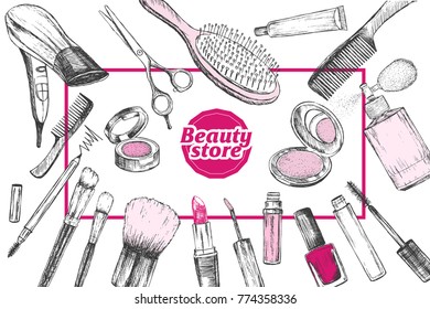 Beauty store with make up artist and hairdressing objects