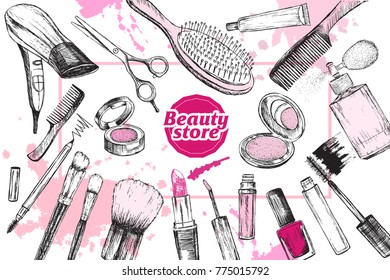 Beauty store with make up artist and hairdressing objects