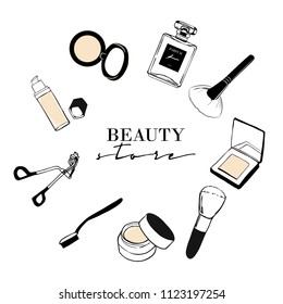 Beauty Store Make-up Banner Template Design. Modefrau Accessoire Illustrationskreis gesetzt. Handgezeichnete Kosmetika: Stiftung, Pulver, Erröten, Augenliderkrümmung, Konzerte, Augenschatten, Parfüm