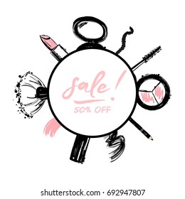 Beauty store sale banner with make up objects: Lipstick, makeup brush, eyeliner, eyeshadow, mascara. Template Vector. Hand drawn Cosmetics objects.