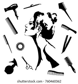 Beauty store and salon background.  make up artist and hairdressing objects: comb, brush, scissors, hair dryer,  woman silhouette, hair band. Template Vector. Hand drawn isolated on white objects