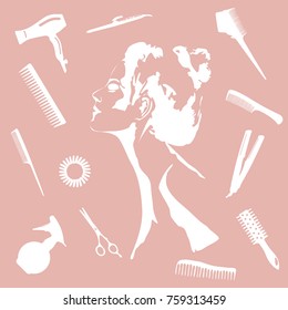 Beauty store and salon pink background.  make up artist and hairdressing objects: comb, brush, scissors, hair dryer,  woman silhouette, hair band. Template Vector. Hand drawn isolated objects