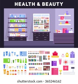 Beauty Store Vector Flat Illustrations. Health And Beauty Store With Cosmetics. Make Up Concept. Different Cosmetics, Gifts, Creams For Body Isolated On White Background