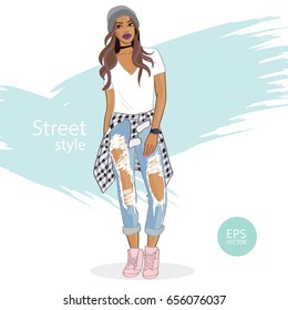 Beauty street style girl, fashion illustration