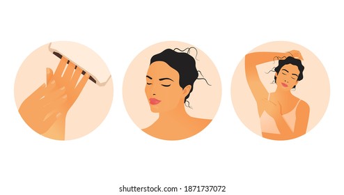 Beauty Studio Badges. Females with Natural Makeup and Healthy Skin Portrait, Nail Care. Modern Flat Vector Illustration. Beautiful Models on Beige Background. Social Media Highlights Template.