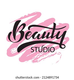 Beauty studio. Black letters handwritten logo on a pink line pastel background. Stylish logotype for the beauty business, studio, salon. Vector illustration. Fashion.