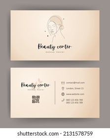 Beauty studio business card. Template with asian woman face. Hand drawn outline female silhouette. Logo for spa salon, visage, cosmetics label. Vector illustration in linear style.