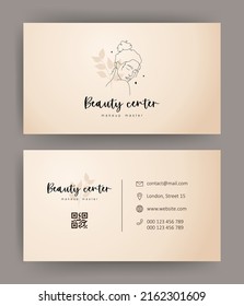 Beauty studio business card. Template with abstract woman face. Hand drawn outline female silhouette. Vector illustration in one line style. Concept for spa salon, visage, cosmetics label.