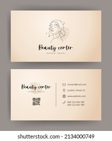 Beauty studio business card. Vector template with linear woman face. Hand drawn outline female silhouette. One line style. Logo for spa salon or makeup artist.