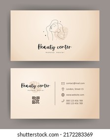 Beauty studio business card. Vector template with linear woman face. Hand drawn outline female silhouette. One line style. Logo for spa salon or makeup artist.